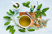 Sage essential oil and tea