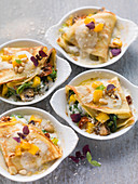 Savoy cabbage and spinach crepes with mango and lime