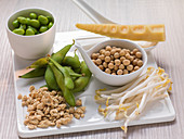 Green and dried soybeans, sprouts and soy granules