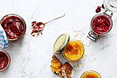 Plum compote, raspberry jam and apricot spread