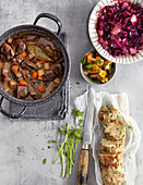 Venison ragout with dumplings and red cabbage