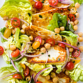 Pan fried Halloumi cheese with cherry tomatoes, chickpea and lettuce