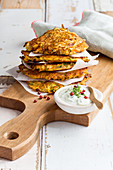 Courgette and carrot fritters with tzatziki
