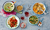 Vier Pastasaucen (Kindergericht) mit Möhren, Orangen, Romaneso, Currywurst und Kräutern