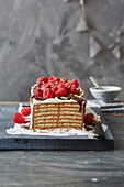 Tiramisu cake with raspberries