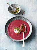 Beetroot soup with moringa gremolata and soya yoghurt
