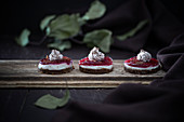 Vegan tartlets with a gingerbread base, quark cream, cherry jelly and a dollop of chocolate cream
