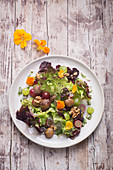 Autumnal oak leaf lettuce salad with chestnuts and grapes