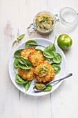 Potato fritters with green tomato chutney on baby spinach