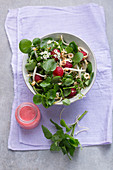 Watercress salad with beansprouts and raspberries
