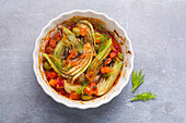 Braised fennel with olives and chilli