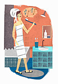 An illustration of a happy woman singing in the bathroom