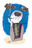 Illustration: Mann mit Gewitterwolke im Kopf
