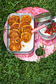 Potato crab cakes with tomato quark for a picnic