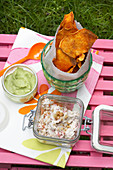 Sweet potato chips with dips for a picnic