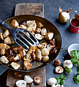 Fried mushrooms with chicken breast pieces