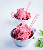 Strawberry and basil ice cream with elderflower syrup