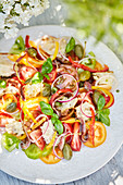 A summery tomato and bread salad on a table outdoors