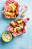 Fish Fingers with Vegie Chips and Yoghurt Tartare