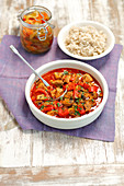 Pork goulash with peppers served with rice