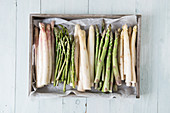Various spears of white and green asparagus in a wooden crate