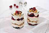 Crumble desserts in glasses with wild berries, vanilla cream and baked crumble topping (vegan)