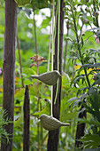 Vogelfiguren am Gartenzaun