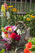 Basket of pompon dahlias, phlox and snapdragons