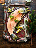 Whole skinless baked salmon