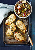 Cheesy chicken with roasted brussels sprouts and chickpea salad