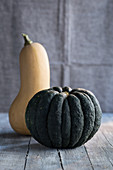 A dark green pumpkin and a butternut squash