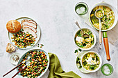 Spring minestrone with shipped lemon fetta - Chilli chickpea tabouleh with roast pork