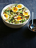 Middle eastern brown rice and soft-boiled egg salad