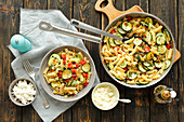 Pasta with courgette, cherry tomatoes and chili