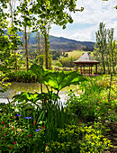 Blick über Pflanzen auf und Pavillon im Garten