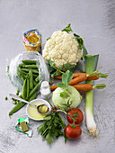 Ingredients for making vegetable stew with pasta