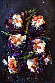 Fried red cabbage with ricotta and bacon