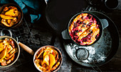 Rhubarb and croissant pudding and fruit loaf puddings