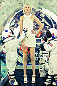 Futuristic Fashion: a blonde woman wearing a white dress outside with children in astronaut costumes