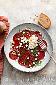 Beetroot carpaccio with apple and goat's cheese