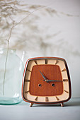 Rectangular retro alarm clock with wooden face