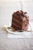 A slice of three-layer chocolate cream cake