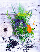 A bunch of garden herbs (seen from above)