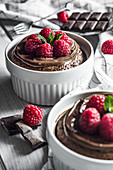 Chocolate souffle with raspberries