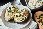Stuffed avocados with salmon and cucumber cream