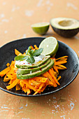 Pumpkin noodles with avocado, limes and mint yoghurt