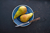 Two conference pears on a ceramic plate with a fruit knife