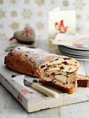 Stollen with raisins, sliced