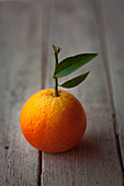 An orange with a leaf