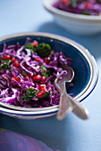 Red Cabbage with Kale and Pomegranate Seeds in an Enamel Bowl